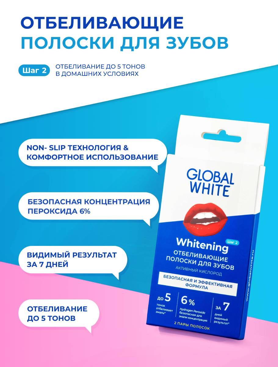 Глобал Уайт Отбеливающие полоски с активным кислородом для зубов, 2 саше (Global White, Отбеливание) фото 3