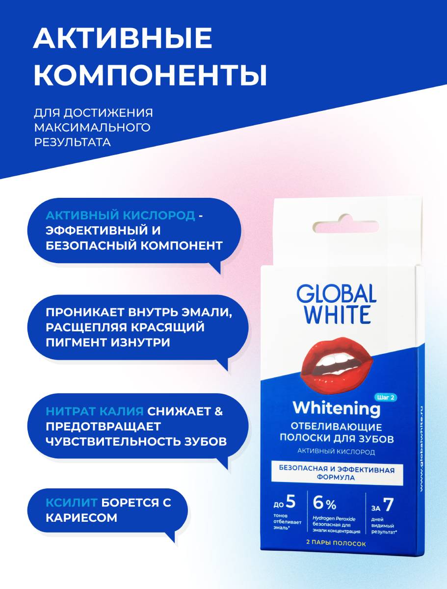 Глобал Уайт Отбеливающие полоски с активным кислородом для зубов, 2 саше (Global White, Отбеливание) фото 4