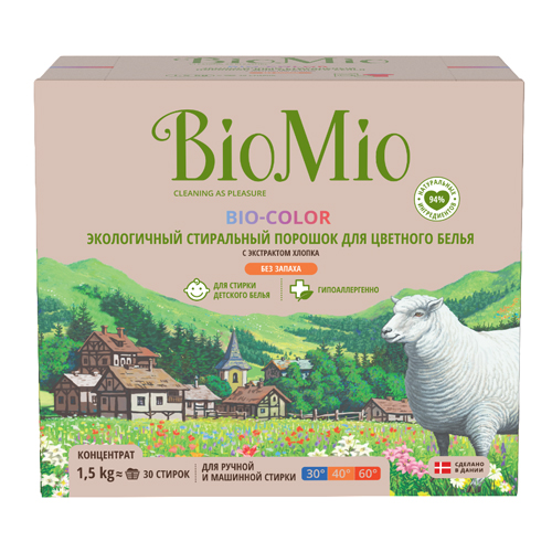 BioMio Стиральный порошок для цветного белья, 1500 мл (BioMio, Стирка) biomio гель и пятновыводитель для стирки белья без запаха 1500 мл biomio стирка