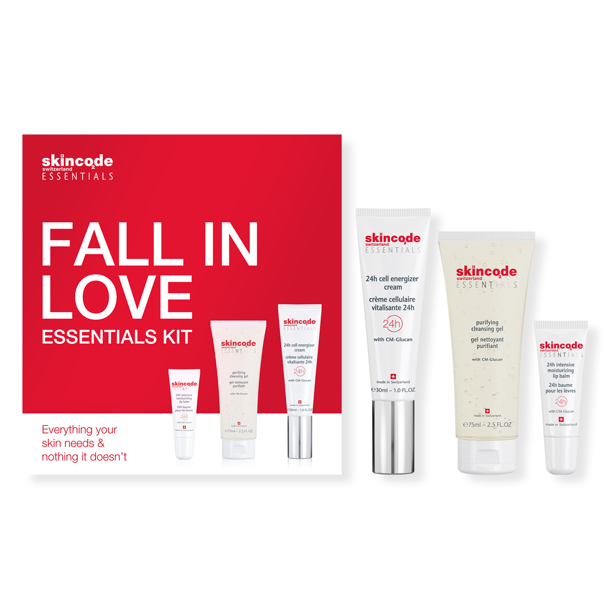 Skincode Набор Fall-in-Love Бестселлеры Энергетический крем 24 часа в сутки + Увлажняющий бальзам для губ + Очищающий гель (Skincode, Essentials)