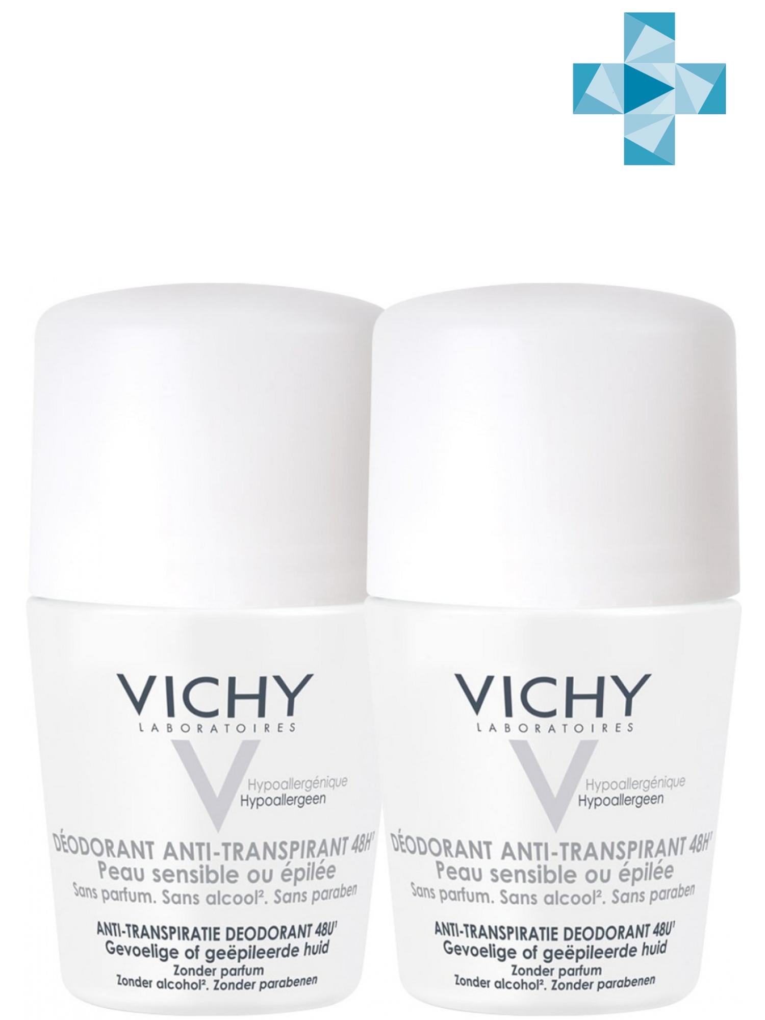 Vichy Комплект Дезодорант-шарик 48 ч для чувствительной кожи 2 шт х 50 мл (Vichy, Deodorant) vichy комплект дезодорант аэрозоль регулирующий избыточное потоотделение 48 часов 2 х 125 мл vichy deodorant