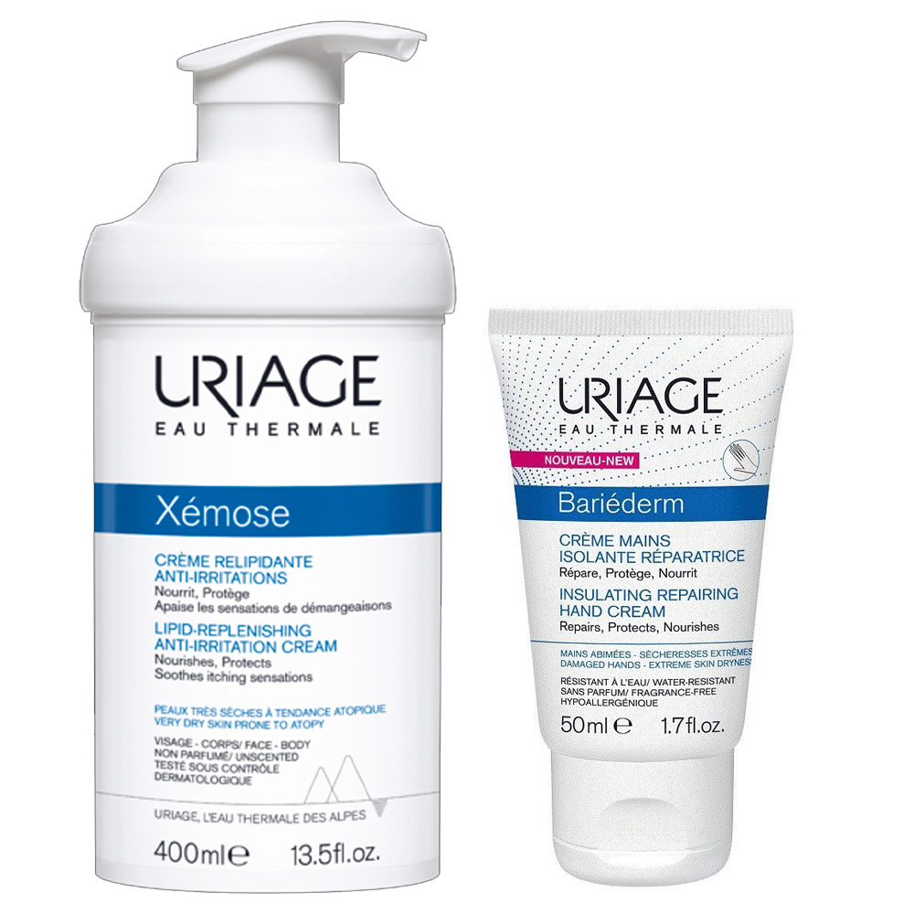 Uriage Комплект Изолирующий восстанавливающий крем для рук, 50мл+Крем липидовосстанавливающий, 400мл (Uriage, Bariederm)