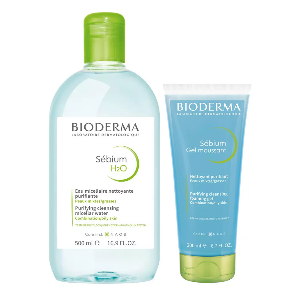 Bioderma Набор: мицеллярная вода 500мл + очищающий гель без помпы 200 мл (Bioderma, Sebium)