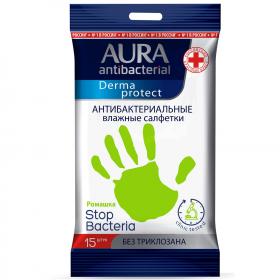 Aura Влажные антибактериальные салфетки Derma Protect с экстрактом ромашки, 15 шт. фото