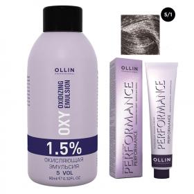 Ollin Professional Набор Перманентная крем-краска для волос Ollin Performance оттенок 51 светлый шатен пепельный 60 мл  Окисляющая эмульсия Oxy 1,5 90 мл. фото