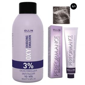 Ollin Professional Набор Перманентная крем-краска для волос Ollin Performance оттенок 51 светлый шатен пепельный 60 мл  Окисляющая эмульсия Oxy 3 90 мл. фото