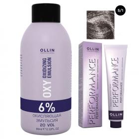 Ollin Professional Набор Перманентная крем-краска для волос Ollin Performance оттенок 51 светлый шатен пепельный 60 мл  Окисляющая эмульсия Oxy 6 90 мл. фото