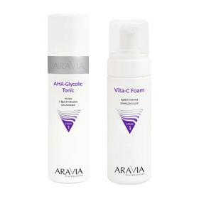 Aravia Professional Комплект Тоник с фруктовыми кислотами AHA Glycolic Tonic, 250 мл  Крем-пенка очищающая Vita-C Foam, 160 мл. фото