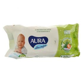 Aura Влажные салфетки для детей Ultra Comfort с экстрактом алоэ и витамином Е, 120 шт без крышки. фото