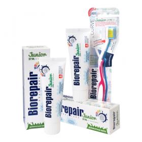 Biorepair Набор Junior Детская зубная паста для детей 6-12 лет Biorepair Junior Mint, 75 мл х 2 шт.  Детская зубная щетка для детей 7-14 лет Biorepair CURVE Junior. фото