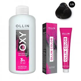 Ollin Professional Набор Перманентная крем-краска для волос Ollin Color оттенок 10 иссиня-черный 100 мл  Окисляющая эмульсия Oxy 3 150 мл. фото