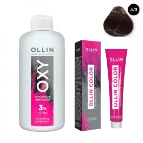 Ollin Professional Набор Перманентная крем-краска для волос Ollin Color оттенок 43 шатен золотистый 100 мл  Окисляющая эмульсия Oxy 3 150 мл. фото