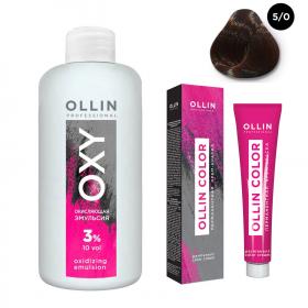 Ollin Professional Набор Перманентная крем-краска для волос Ollin Color оттенок 50 светлый шатен 100 мл  Окисляющая эмульсия Oxy 3 150 мл. фото