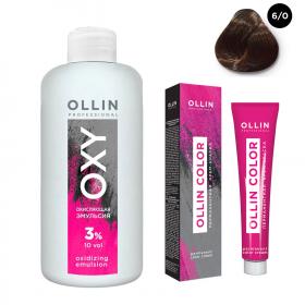 Ollin Professional Набор Перманентная крем-краска для волос Ollin Color оттенок 60 темно-русый 100 мл  Окисляющая эмульсия Oxy 3 150 мл. фото