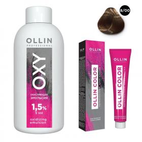 Ollin Professional Набор Перманентная крем-краска для волос Ollin Color оттенок 800 светло-русый глубокий 100 мл  Окисляющая эмульсия Oxy 1,5 150 мл. фото