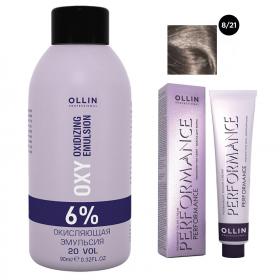 Ollin Professional Набор Перманентная крем-краска для волос Ollin Performance оттенок 821 светло-русый фиолетово-пепельный 60 мл  Окисляющая эмульсия Oxy 6 90 мл. фото