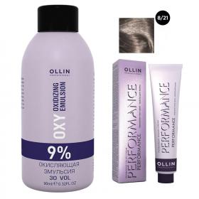 Ollin Professional Набор Перманентная крем-краска для волос Ollin Performance оттенок 821 светло-русый фиолетово-пепельный 60 мл  Окисляющая эмульсия Oxy 9 90 мл. фото
