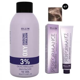Ollin Professional Набор Перманентная крем-краска для волос Ollin Performance оттенок 87 светло-русый коричневый 60 мл  Окисляющая эмульсия Oxy 3 90 мл. фото