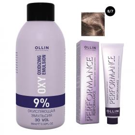 Ollin Professional Набор Перманентная крем-краска для волос Ollin Performance оттенок 87 светло-русый коричневый 60 мл  Окисляющая эмульсия Oxy 9 90 мл. фото