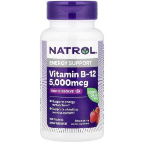 Natrol Витамин B-12 быстрорастворимый со вкусом клубники 5000 мкг, 100 таблеток. фото