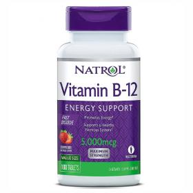 Natrol Витамин B-12 быстрорастворимый со вкусом клубники 5000 мкг, 100 таблеток. фото
