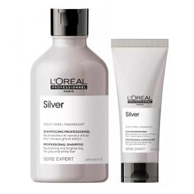 Loreal Professionnel Набор для нейтрализации желтизны седых волос Silver шампунь 300 мл  кондиционер 200 мл. фото