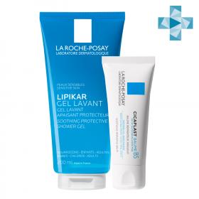 La Roche-Posay Набор для восстановления сухой и склонной к атопии кожи младенцев, детей и взрослых успокаивающий гель для душа 200 мл  мультивосстанавливающий бальзам B5 40 мл. фото