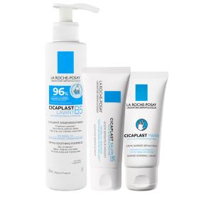 La Roche-Posay Набор комплексный уход для восстановления кожи очищающий гель Lavant B5 200 мл  крем-барьер для рук 50 мл  мультивосстанавливающий бальзам B5 40 мл. фото
