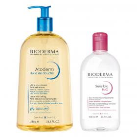 Bioderma Набор бестселлеров для очищения лица и тела масло для душа 1 л  мицеллярная вода 500 мл. фото