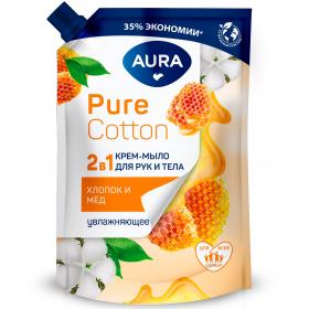 Aura Увлажняющее крем-мыло для рук и тела Pure Cotton с экстрактами хлопка и меда, 450 мл. фото