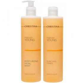 Christina Набор Forever Young тоник, 300 мл  увлажняющее моющее средство для лица, 300 мл. фото