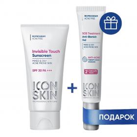 Icon Skin Набор солнцезащитный крем SPF 30 для проблемной кожи 50 мл  гель SOS против воспалений 20 мл. фото