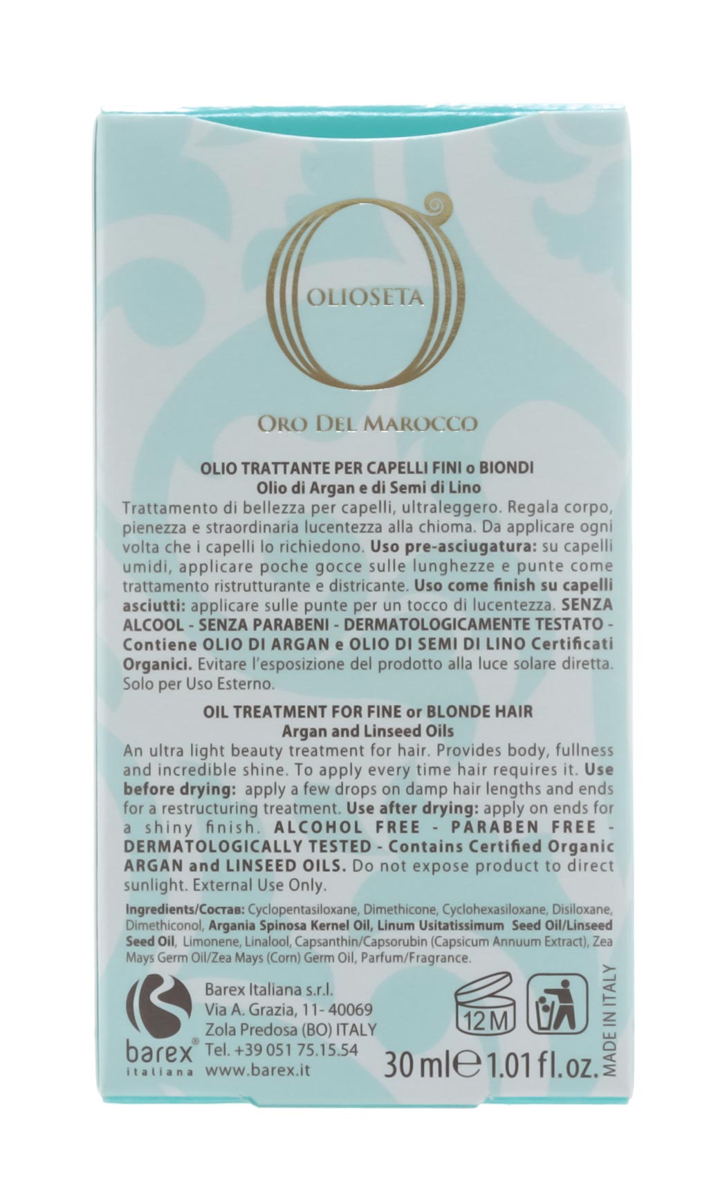 Барекс Масло Блонд-Уход с маслом арганы и семян льна 30  мл (Barex, Olioseta Oro del Marocco) фото 1