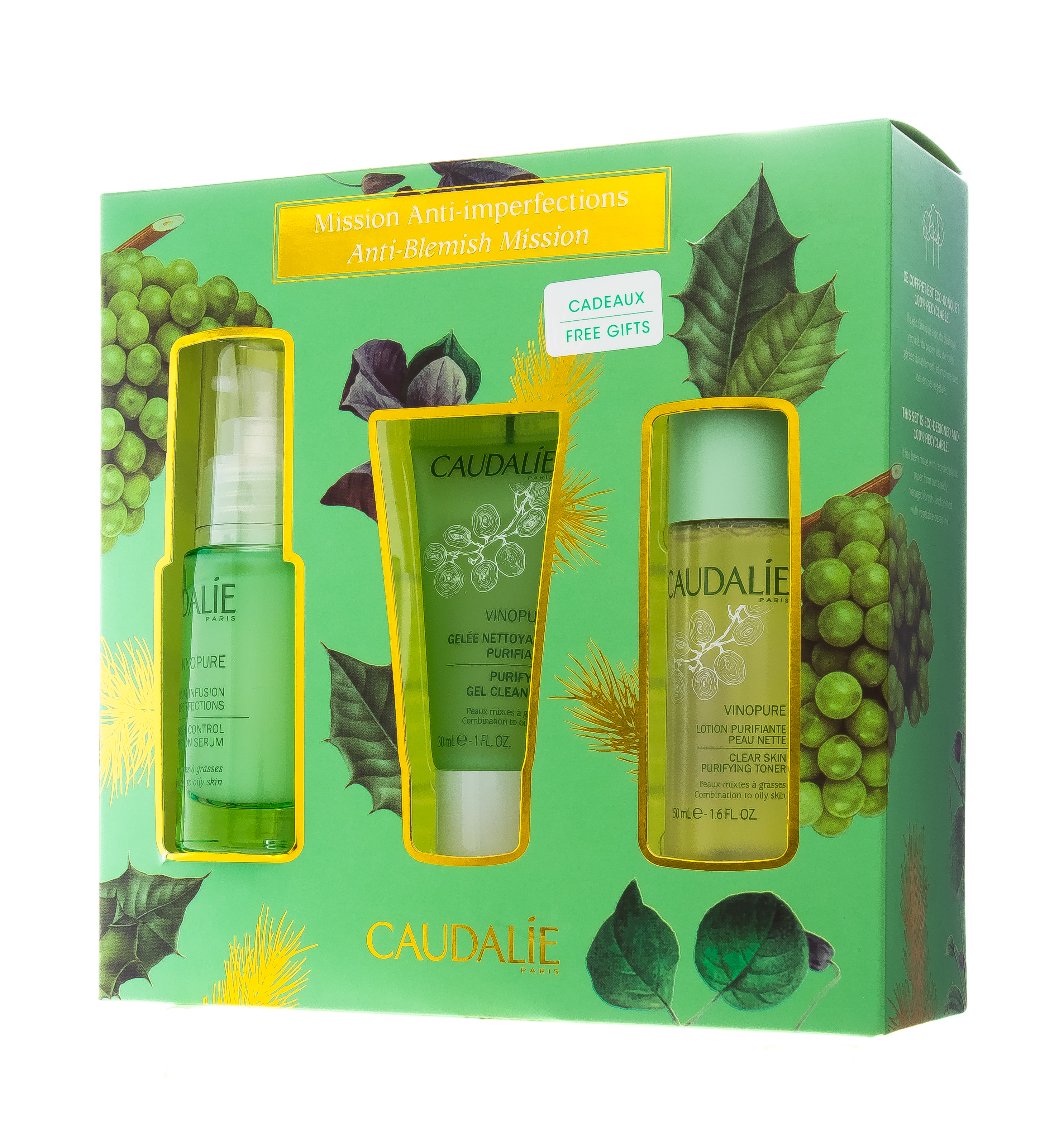 Кодали Набор для жирной и комбинированной кожи Vinopure: Сыворотка для сужения пор 30 мл + Очищающий тоник 50 мл + Очищающий гель для умывания 30 мл (Caudalie, Vinopure) фото 2