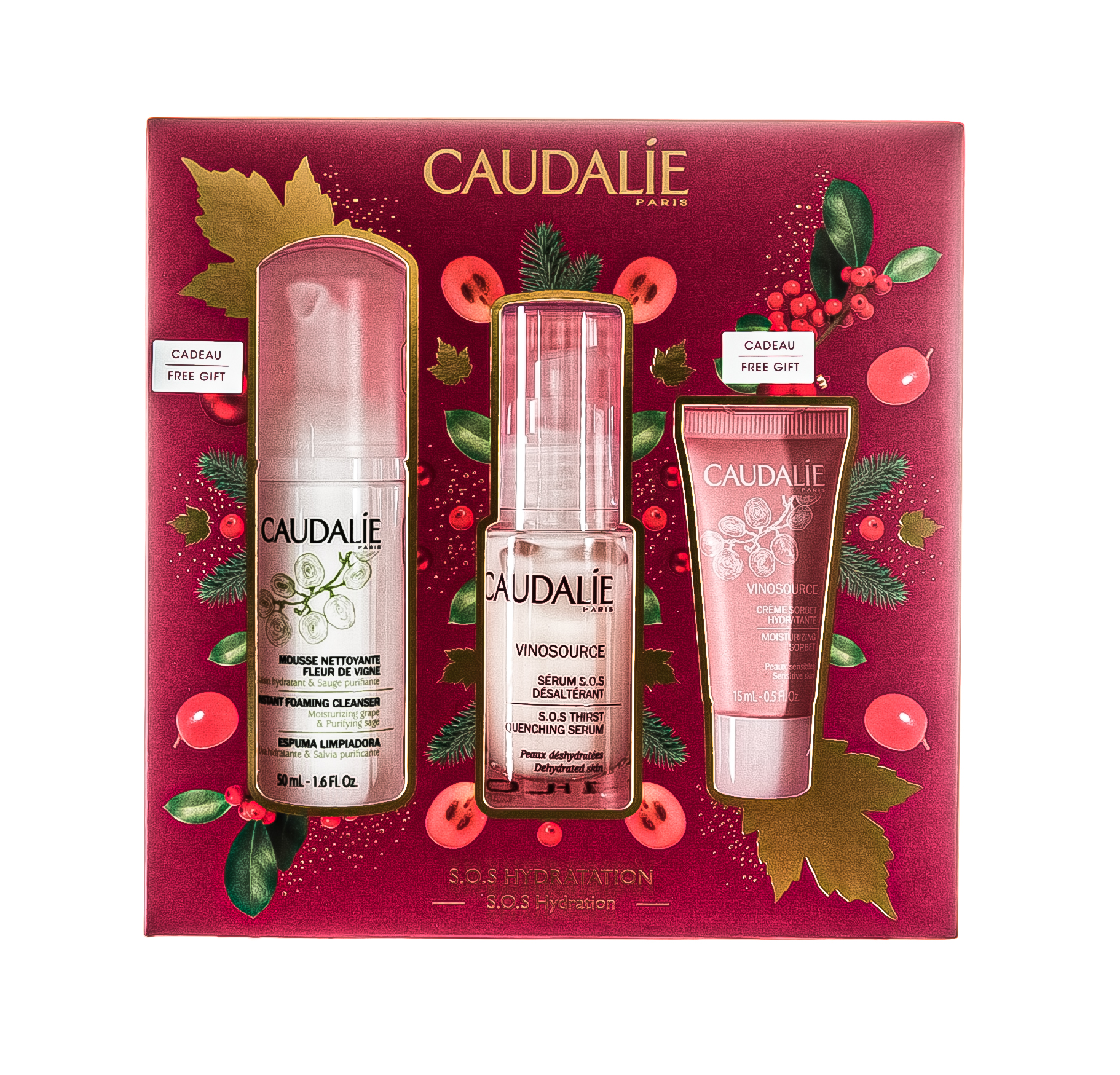 Кодали Набор SOS средств для увлажнения кожи Vinosource: Сыворотка S.O.S. увлажняющая 30 мл + Очищающий мусс 50 мл + Крем-сорбет увлажняющий 15 мл (Caudalie, Vinosource) фото 2