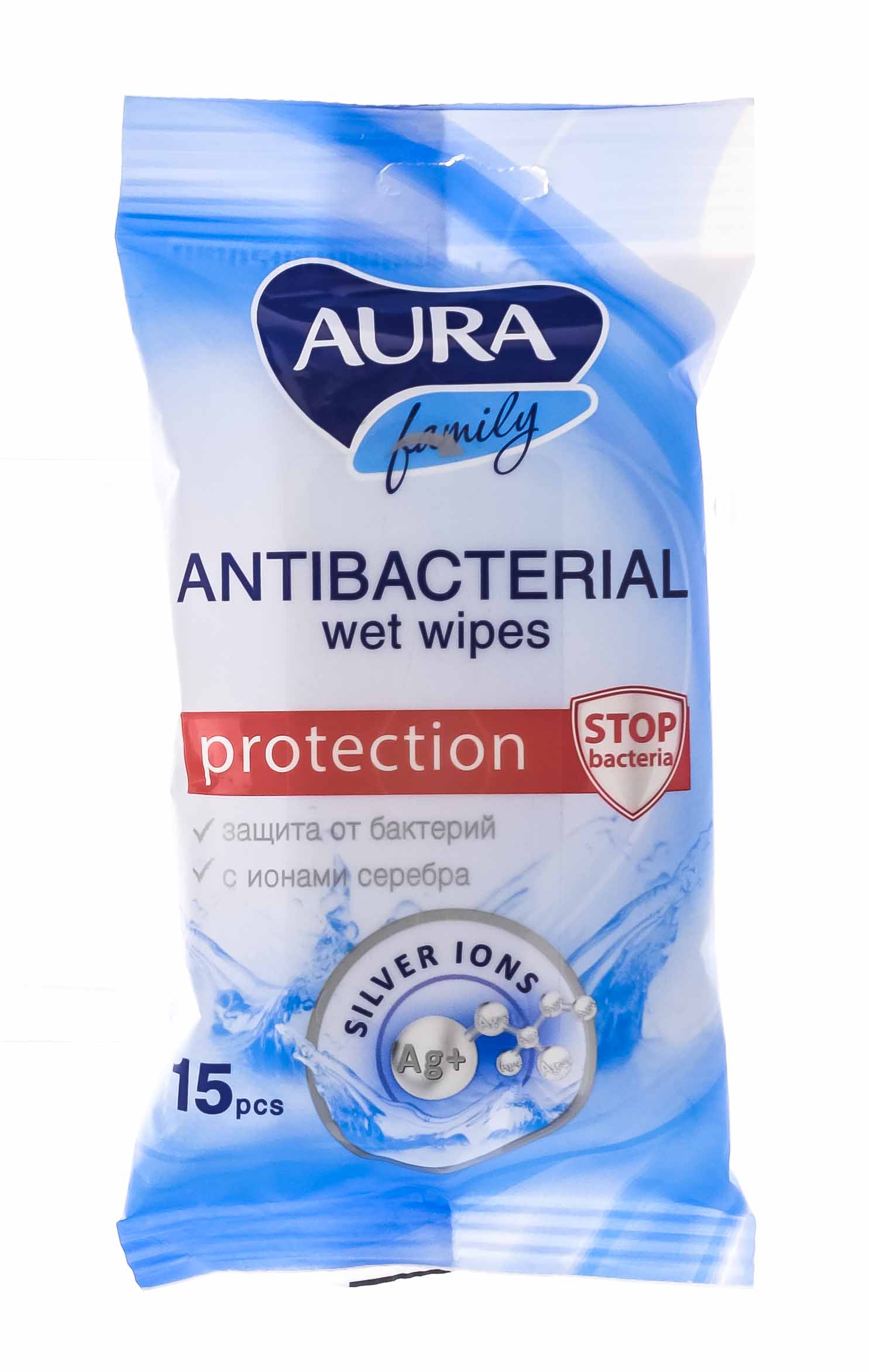 Аура Влажные салфетки c антибактериальным эффектом 15 шт (Aura, Влажные салфетки) фото 1