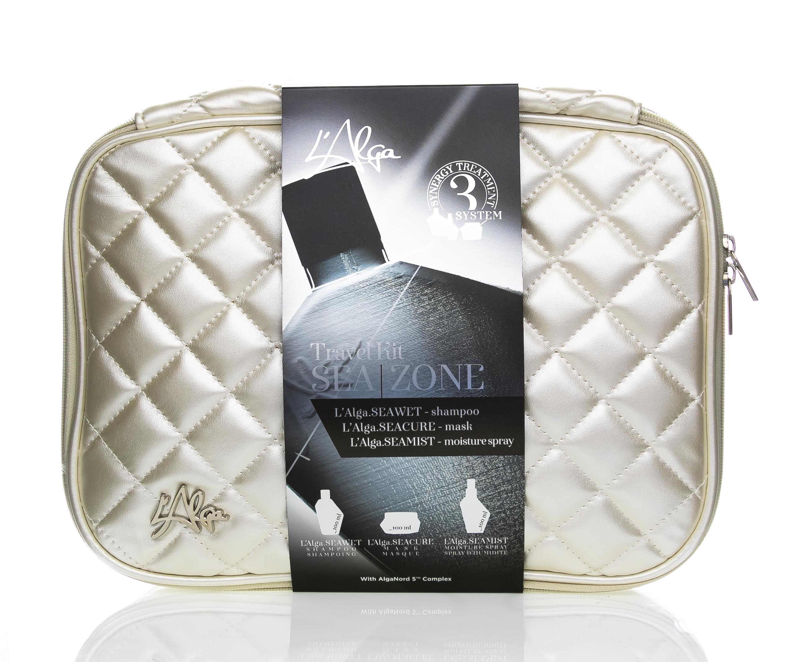 Лалга Дорожный набор «Термозащита волос с сывороткой» в белой стеганой косметичке, 100 мл + 100 мл + 100 мл (L'Alga, Наборы) фото 1
