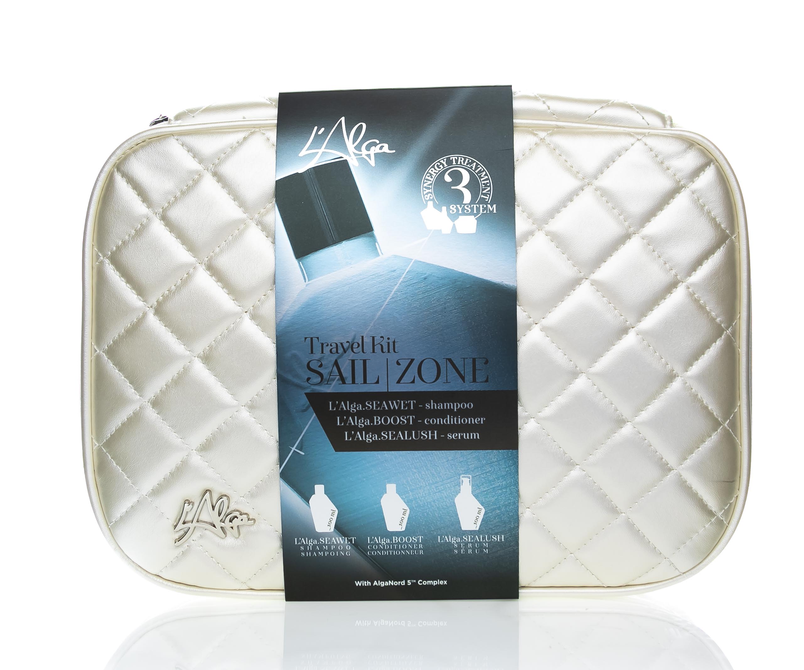 Лалга Дорожный набор «Термозащита волос со спреем» в белой стеганой косметичке, 100 мл + 100 мл + 100 мл (L'Alga, Наборы) фото 1