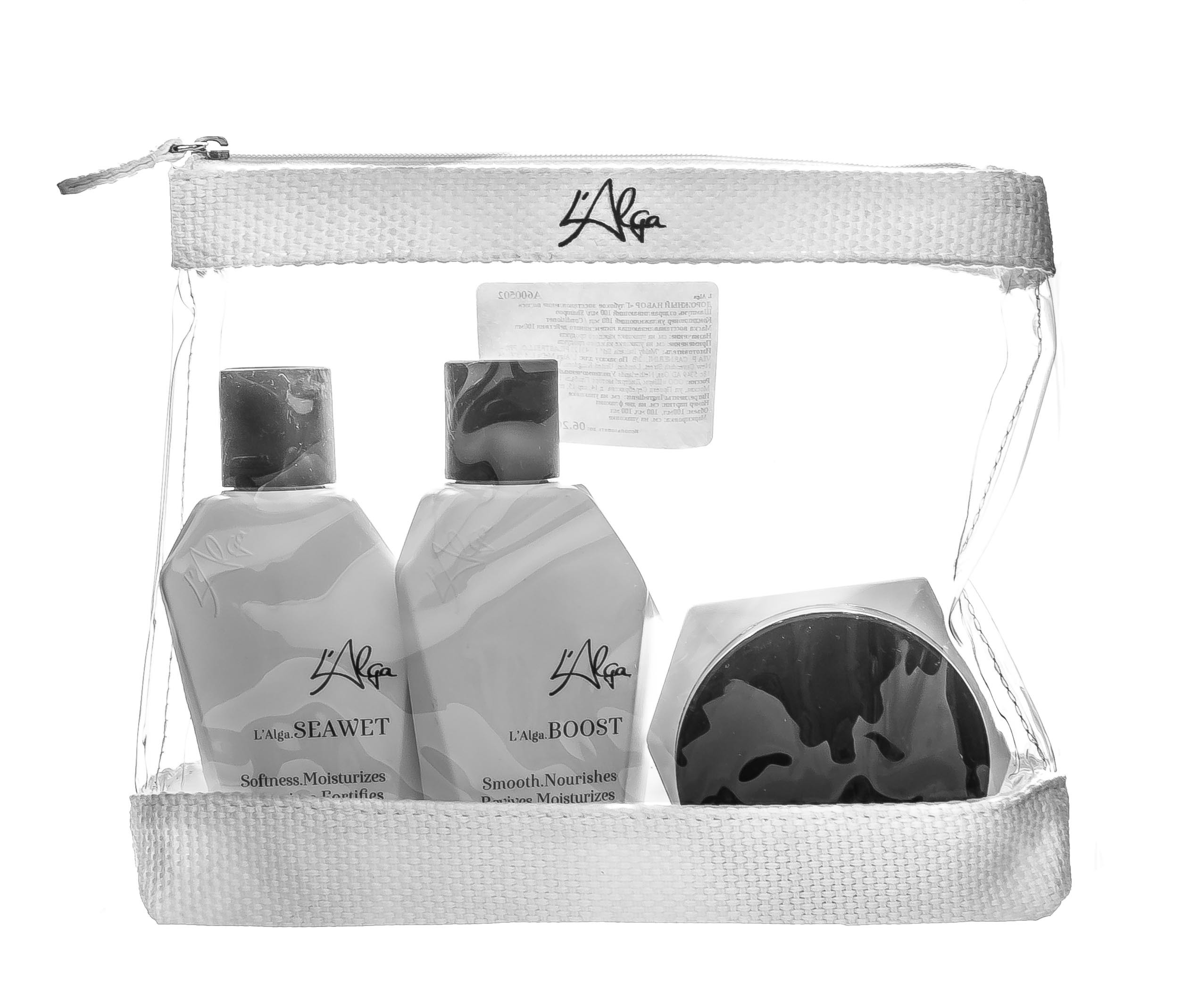 Лалга Дорожный набор «Глубокое восстановление волос» в прозрачной косметичке, 100 мл + 100 мл + 100 мл (L'Alga, Наборы) фото 1