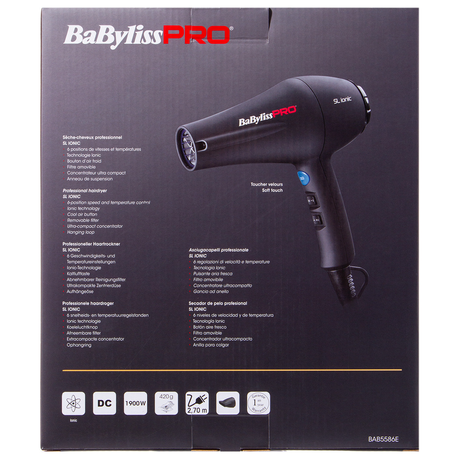 Бэбилисс Фен SL Ionic, Soft Touch, черный, 1800Вт, ионизация, 1 насадка (Babyliss, Фены) Бэбилисс Фен SL Ionic, Soft Touch, черный, 1800Вт, ионизация, 1 насадка (Babyliss, Фены) фото 4