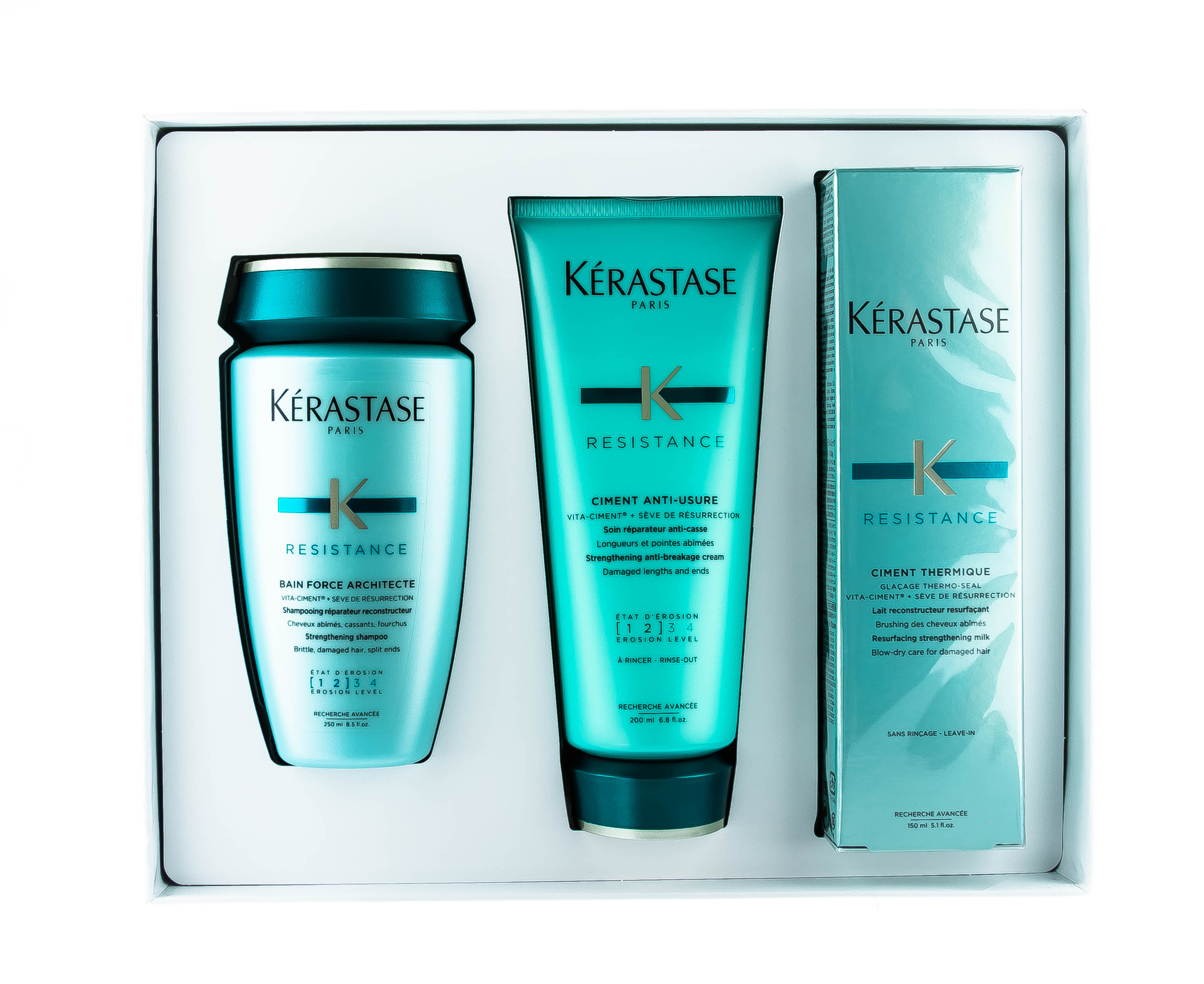Керастаз Набор Résistance для восстановления материи поврежденных волос: Шампунь-Ванна Force Architecte 250 мл + Уход-цемент для поврежденных волос Ciment Anti-Usure 200 мл + Термо-уход Ciment Thermique 150 мл (Kerastase, Resistance) фото 4