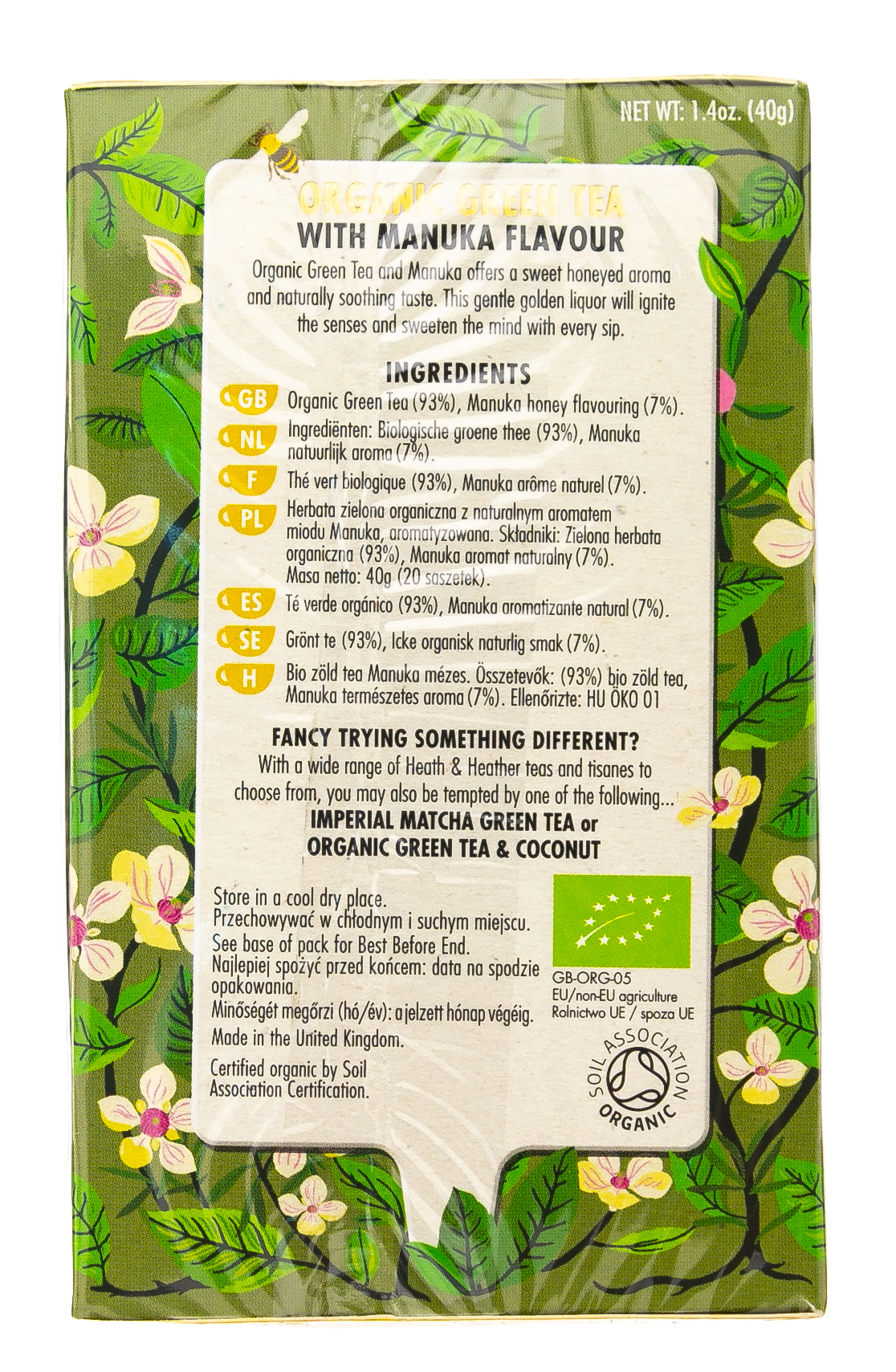 Хиз энд Хизер Чай Зеленый с медом манука Органик 20 пак. (Heath & Heather, Green Tea) фото 2