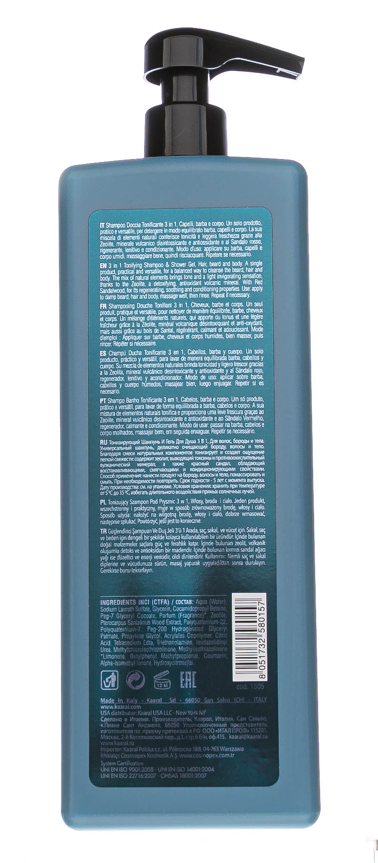 Каарал Тонизирующий шампунь и гель для душа 3 в 1,  1000 мл (Kaaral, Manniskan) фото 1