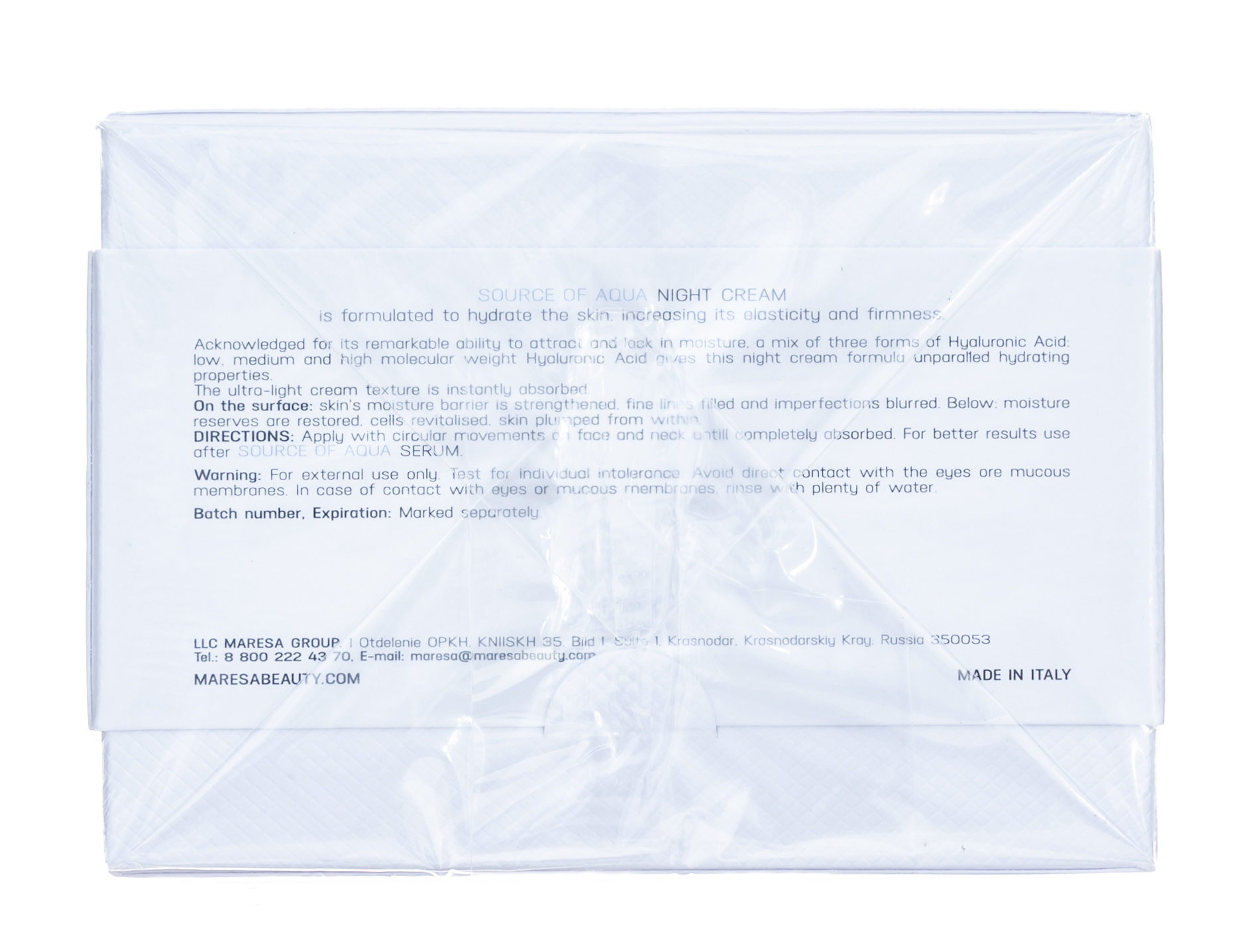  Увлажняющий ночной крем с гиалуроновой кислотой NIGHT CREAM (MARESA, SOURCE OF AQUA) фото 7