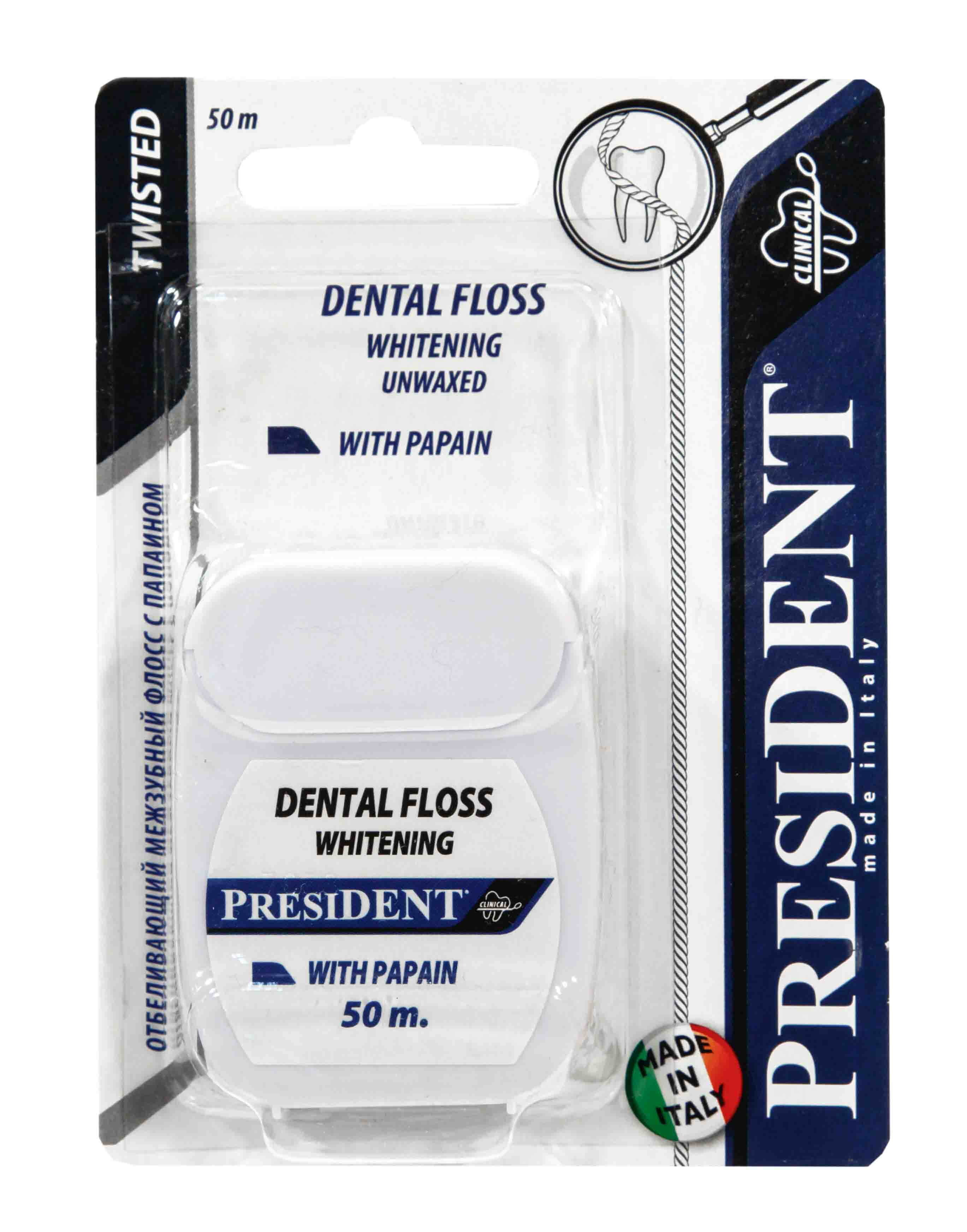 Президент Нить межзубная отбеливающая с папаином 50 м (President, Зубные нити) фото 1