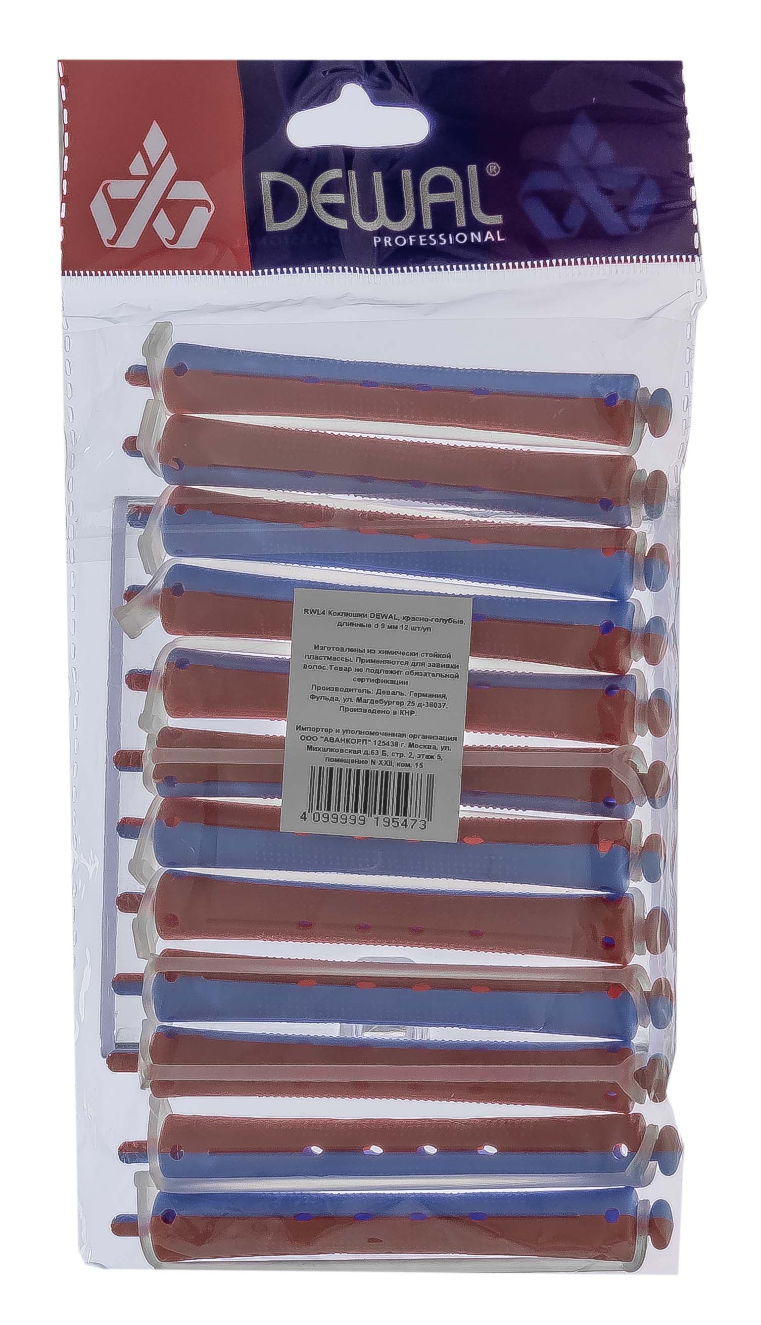 Деваль Про Коклюшки красно-голубые, длинные, диаметр 9 мм, 12 шт (Dewal Pro, Бигуди и коклюшки) фото 1