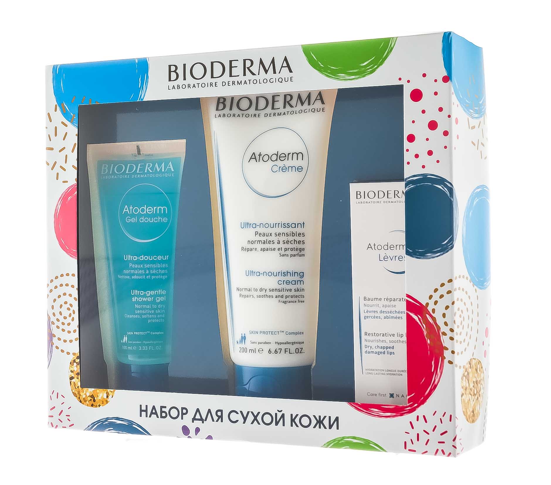 Биодерма Праздничный набор Атодерм: Крем Атодерм 200 мл + Гель для душа Атодерм 100 мл + Бальзам для губ Атодерм 15 мл (Bioderma, Atoderm) фото 2
