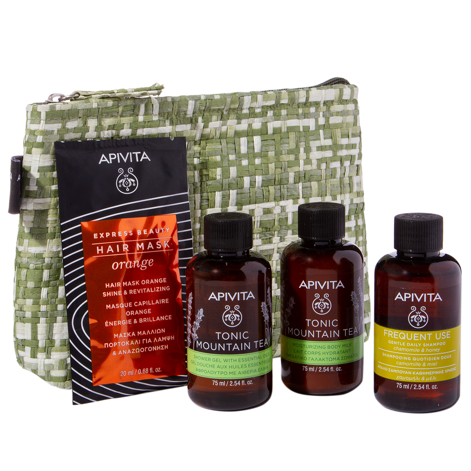Апивита Набор для путешествий Будь Готова (гель 75 мл + молочко 75 мл + шампунь 75 мл + маска 20 мл) (Apivita, Body) фото 2