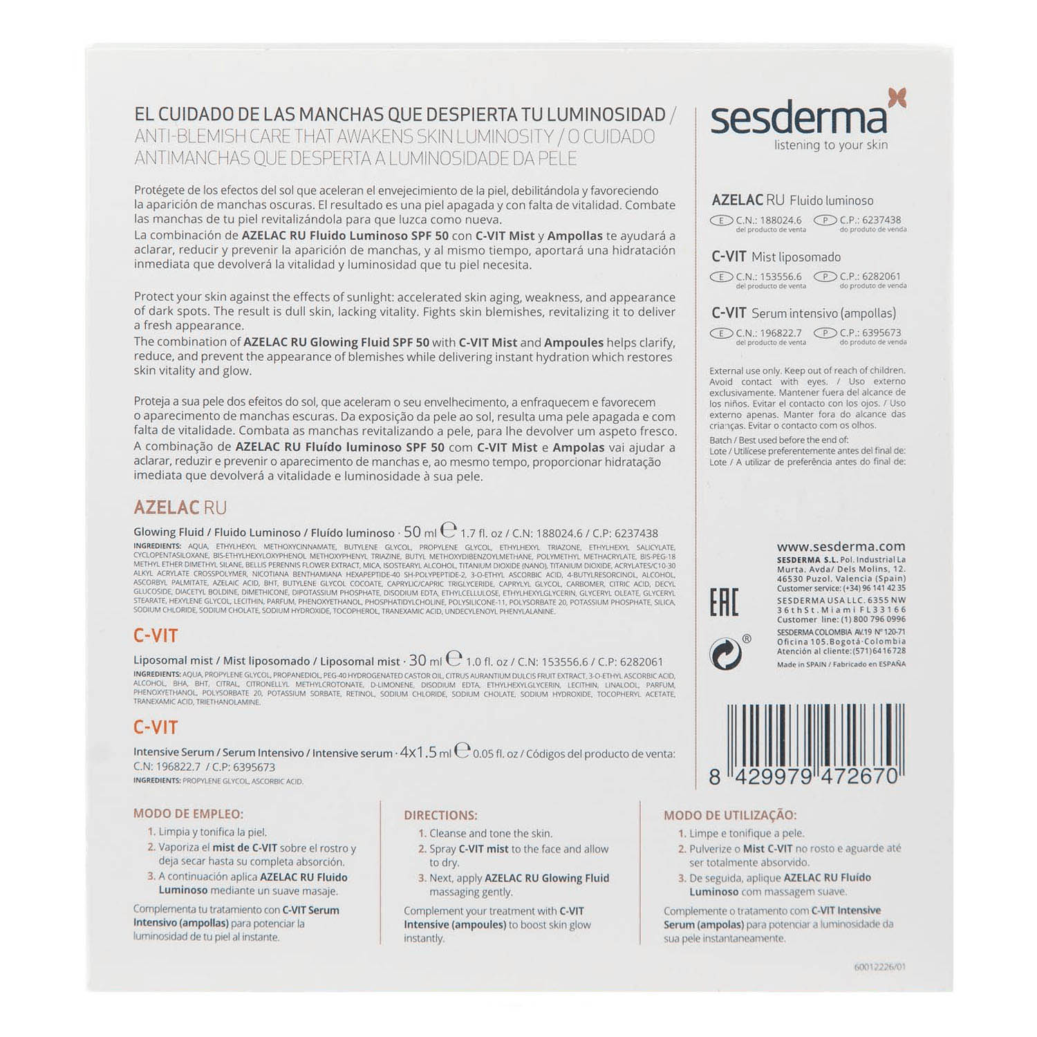 Сесдерма Набор: флюид для сияния кожи 50 мл + спрей-мист с витамином С 30 мл + сыворотка 4 х 1,5 мл (Sesderma, C-Vit) фото 3