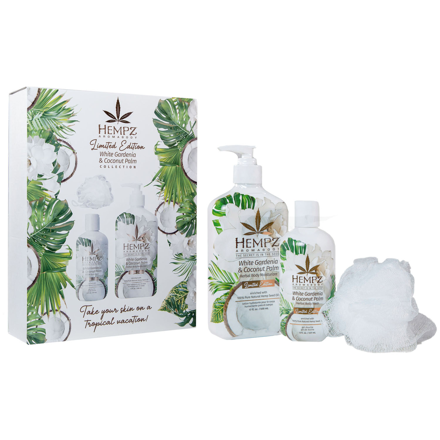 Хемпз Подарочный набор Paradise Island Limited Edition: молочко 500 мл + гель для душа 237 мл + пуф для тела 1 шт (Hempz, Наборы) фото 2